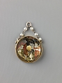 Devotional pendant, Cut and polished, reverse-painted, reverse-gilt, and reverse-silvered rock crystal; lampworked glass; gold. Assembled., Italian or Spanish