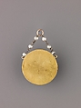 Devotional pendant, Cut and polished, reverse-painted, reverse-gilt, and reverse-silvered rock crystal; lampworked glass; gold. Assembled., Italian or Spanish