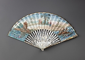 Folding fan, Leaf: gouache and bronze paint on paper.
Sticks and guards: mother-of-pearl, carved, pierced and veneered, decorated with gold-and-silver-toned metal leaf.
Pivot: green paste jewel., Austrian or German