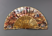 Folding fan with The Finding of Romulus and Remus, Leaf: gouache and bronze paint on paper.
Sticks and guards: tortoiseshell, carved and pierced, with gold-and silver-toned metal leaf, mother-of-pearl veneer, and paper underlay (upper guards only).
Pivot: clear paste jewel., Italian