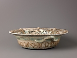Basin with Handles, Minai'i ("enameled") ware, Earthenware.  Stain-and overglaze-painted, and gilded; applied handles and applied pierced bosses; decoration molded in relief., Iranian