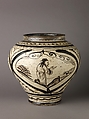 Wine jar (Guan), Cizhou ware, Chinese  , Yuan Dynasty, Stoneware painted in brown on a white ground., Chinese