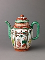 Covered ewer, Chinese  , Qing Dynasty, Porcelain painted in overglaze polychrome enamels., Chinese