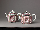 Hexagonal teapot or winepot (pair with 1975.1.1706), Chinese  , Qing Dynasty, Porcelain with reticulated ornamentation, painted in overglaze famille rose enamels., Chinese