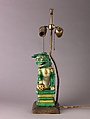 Figure of lion mounted as lamp, Chinese , Qing Dynasty, Porcelain with colored glazes., Chinese