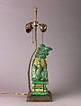 Figure of lion mounted as lamp, Chinese  , Qing Dynasty, Porcelain with colored glazes., Chinese