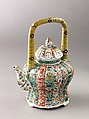 Covered wine pot or teapot, Chinese  , Qing Dynasty, Kangxi period, Porcelain painted in overglaze famille verte enamels and gilt., Chinese