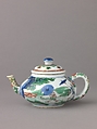 Small covered wine pot or teapot, Chinese  , Qing Dynasty, Kangxi period, Porcelain painted in underglaze blue and overglaze famille verte enamels., Chinese