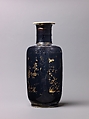 Club-shaped vase, Chinese  , Qing Dynasty, probably Kangxi period, Porcelain with mirror-black glaze, painted in overglaze gilt., Chinese