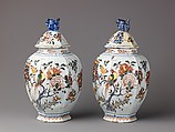 Covered Jar, polychrome floral decoration, handle on cover in shape of squirrel., Tin-glazed earthenware., Dutch