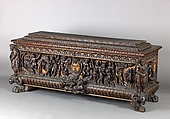 Cassone, Walnut, partially carved, traces of gilding and polychrome; iron hardware., Italian (Siena or Rome?)