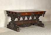 Table, Walnut, maple, carved, turned, inlaid, and stained., Italian and  American