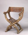 Hip-joint armchair (sillón de cadera or jamuga), Walnut, elm, other woods, ivory, mother-of-pearl, pewter, parchment; leather, tooled., Spanish (Granada?), Hispano-Moresque