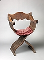 Folding armchair (sedia a Savonarola type), Walnut, partly turned and carved; red plain velvet., Italian
