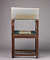Armchair (chaise à bras, pair with 1975.1.2000), Walnut, turned and carved; dark blue silk cut velvet with embroidery., French, Italian or Spanish