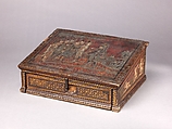 Writing Box, Poplar; leather, tooled, silhouettecut, engraved, gilded, silvered and painted; partially gilded metal mounts; brand-stamped and colored paper., North Italian, Venice (?)