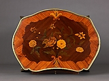 Work and writing table, Oak, pine, and light-colored hardwood, veneered with mahogany, tulipwood, amaranth, partly shaded and engraved barberry, partly stained, shaded, and engraved maple; leather dyed green with gold-tooled border; brass liners; gilt-bronze mounts., French