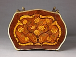 Work and writing table, Laurent Rochette (born 1723), Oak and pine veneered with mahogany, amaranth, partly green-stained and engraved maple, and bloodwood (?), ebonized wood; gilt-bronze mounts; metal liners for writing equipment, blue silk., French, Paris
