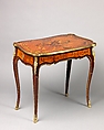 Writing table, Christophe Wolff (French, 1720–1795), Oak veneered with tulipwood, mahogany, and rosewood, with marquetry of partly shaded satinwood, partly stained, shaded, and engraved maple and barberry, and ebonized wood; gilt-bronze mounts., French, Paris