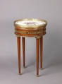 Louis XVI round table with sevres top, Oak veneered with tulipwood, rosewood, green-stained maple, holly stringing; legs veneered with rosewood and partly shaded satinwood; gilt-bronze mounts., French, Paris