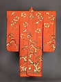 Furisode, Possibly beni-dyed light red (orange) silk, figured satin weave, embroidered and couched in silvered and gilt metallic thread (wound around a white silk fiber core).  Needlework in satin stitch in shades of green, dark blue, off-white, and light brown; areas of padding; yuzen dyeing, and stenciled imitation tie-dyeing throughout., Japanese