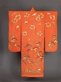 Furisode, Possibly beni-dyed light red (orange) silk, figured satin weave, embroidered and couched in silvered and gilt metallic thread (wound around a white silk fiber core).  Needlework in satin stitch in shades of green, dark blue, off-white, and light brown; areas of padding; yuzen dyeing, and stenciled imitation tie-dyeing throughout., Japanese