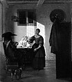A Couple Playing Cards, with a Serving Woman, Pieter de Hooch (Dutch, Rotterdam 1629–1684 Amsterdam), Oil on canvas