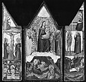 Madonna and Child Enthroned with Saints Peter, Bartholomew, Catherine of Alexandria, and Paul, and (below) the Nativity; left wing (top to bottom): Annunciatory Angel, Crucified Christ with the Virgin, Saints Mary Magdalen and John, and Christ as the Man of Sorrows; right wing (top to bottom): Virgin Annunciate, Saints Onophrius and Paphnutius, and Saint Onophrius Buried by Saint Paphnutius., Matteo di Pacino (documented 1359–1394), Tempera on wood, gold ground, Italian