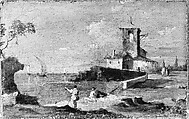 Capriccio with a Square Tower and Two Houses, Follower of Francesco Guardi (Italian, Venice 1712–1793 Venice), Oil on paper, laid down on Masonite, Italian