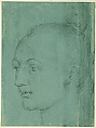 Head of a Young Woman, Albrecht Dürer (German, Nuremberg 1471–1528 Nuremberg), Black chalk highlighted with white chalk (abraded) on green prepared paper.