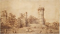 Warwick Castle: The East Front, Canaletto (Giovanni Antonio Canal) (Italian, Venice 1697–1768 Venice), Pen and brown ink, gray wash