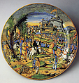 Large plate (grande piatto): An episode from the Sack of Rome, 1527: the assault on the Borgo (?), workshop of Guido Durantino  Italian, Maiolica (tin-glazed earthenware), Italian, Urbino