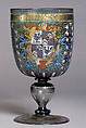 Armorial goblet, Colorless (strong gray) nonlead glass. Blown, enameled, gilt., Façon de Venise, probably southern Germany or Tyrol