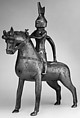 Aquamanile in the Form of a Knight on
Horseback, Bronze; Quaternary copper alloy with a high content of zinc (approx. 73% copper, approx. 15% zinc, approx. 7% lead, approx. 3% tin) with natural patina, hollow cast; remnants of the clay core
and iron armature in the legs, German, Lower Saxony (?)