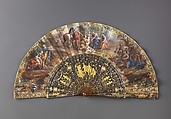 Folding fan with The Finding of Romulus and Remus, Leaf: gouache and bronze paint on paper.
Sticks and guards: tortoiseshell, carved and pierced, with gold-and silver-toned metal leaf, mother-of-pearl veneer, and paper underlay (upper guards only).
Pivot: clear paste jewel., Italian