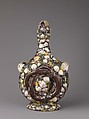 Pilgrim Flask, Bernard Palissy (French, Agen, Lot-et-Garonne 1510–1590 Paris) and workshop, Earthenware with colorless and transparent or opaque pigmented green, purple, blue, yellow, red-brown, and black lead glazes.