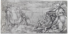 Saint Stephen and Other Saints on Clouds, Friuli (?) (Italian, 1570–1599), Black chalk, touches of red chalk in the contours of the figure behind Saint Stephen; squared in black chalk.