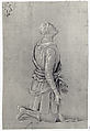 A Kneeling Man in Fifteenth-Century Costume (recto); a small, fragmentary sketch of a recumbant boy, probably by a later hand (verso), Circle of Pinturicchio (Italian, Perugia 1454–1513 Siena), Metalpoint, heightened with white, reworked with the point of the brush and gray ink, on gray prepared paper.
