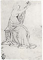 Seated Female Figure with Upraised Arms, Facing Right, Veronese School (mid-fifteenth century), Pen and brown ink, over traces of black chalk, Italian, Verona