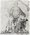Seated Female Figure Holding a Book and a Scroll (?), Veronese School (mid-fifteenth century), Pen and dark brown ink, over black chalk, Italian, Verona