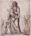 Madonna and Child with the Infant Saint John the Baptist and Two Putti (recto); Madonna and Child with the Infant Saint John the Baptist and a Putto (verso), Fra Bartolomeo (Bartolomeo di Paolo del Fattorino) (Italian, Florence 1473–1517 Florence), Pen and brown ink, touches of brown wash, heightened with white (partly oxidized), over traces of black chalk, on tinted paper; partial tracing of figures from the verso (recto); Pen and brown ink over black chalk (verso)