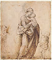 Madonna and Child with the Infant Saint John the Baptist and Two Putti (recto); Madonna and Child with the Infant Saint John the Baptist and a Putto (verso), Fra Bartolomeo (Bartolomeo di Paolo del Fattorino) (Italian, Florence 1473–1517 Florence), Pen and brown ink, touches of brown wash, heightened with white (partly oxidized), over traces of black chalk, on tinted paper; partial tracing of figures from the verso (recto); Pen and brown ink over black chalk (verso)