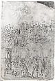 Page from a Sketchbook Depicting a City under Siege and a Scene of Homage(?) (recto); standing figures and a horseman; male and female figures; a battle scene (verso), Follower of Domenico Beccafumi (Italian, Cortine in Valdibiana Montaperti 1484–1551 Siena), Pen and brown ink; at the top, traces of a sketch in red chalk (recto); Pen and light brown ink, some of the figures redrawn by the same hand in dark brown ink (verso)