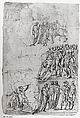Page from a Sketchbook Depicting a City under Siege and a Scene of Homage(?) (recto); standing figures and a horseman; male and female figures; a battle scene (verso), Follower of Domenico Beccafumi (Italian, Cortine in Valdibiana Montaperti 1484–1551 Siena), Pen and brown ink; at the top, traces of a sketch in red chalk (recto); Pen and light brown ink, some of the figures redrawn by the same hand in dark brown ink (verso)