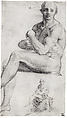 Two Studies of a Seated Male Nude, Follower of Jacopo da Pontormo (Jacopo Carucci) (Italian, Pontormo 1494–1556 Florence), Black chalk
