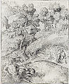 Landscape with a Satyr, Domenico Campagnola (Italian, Venice (?) 1500–1564 Padua), Pen and brown ink, touches of darker ink on the hut at center.