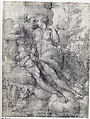 Jupiter and Io (recto); sketch of a male figure stabbing himself in the chest (verso), Attributed to Francesco Salviati (Francesco de&#39; Rossi) (Italian, Florence 1510–1563 Rome), Pen and brown ink, brush and brown wash, over traces of black chalk; squared in red chalk (recto); pen and gray ink (verso)