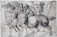 Frieze with Three Horsemen, After Polidoro da Caravaggio (Italian, Caravaggio ca. 1499–ca. 1543 Messina), Pen and brown ink, brush and brown and gray wash.