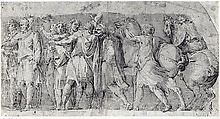 Frieze with Male Figures and Two Horses, After Polidoro da Caravaggio (Italian, Caravaggio ca. 1499–ca. 1543 Messina), Pen and brown ink, brown wash.