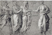 A Winged Figure, two Women, and a Man, Biagio Pupini (Italian, born Bologna, active 1511–51) (?), Pen and brown ink, brush and brown and gray wash, heightened with white on blue paper.